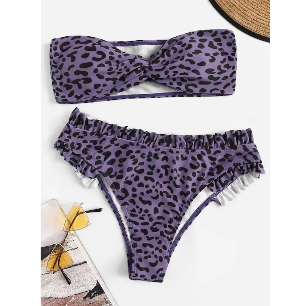 Leopard Twist Bandeau Top Frilled Bikini Set